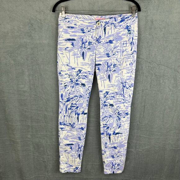 Lilly Pulitzer Kelly Ankle Pants Womens 0 Blue Palm Trees Skinny Tropical Beach - Picture 1 of 15
